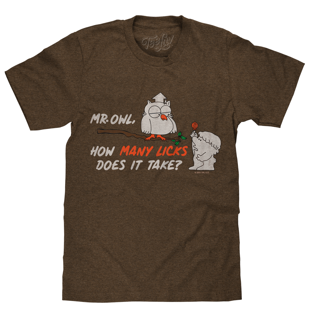 Mr Owl How Many Licks Tootsie Roll T-Shirt - Heather Brown