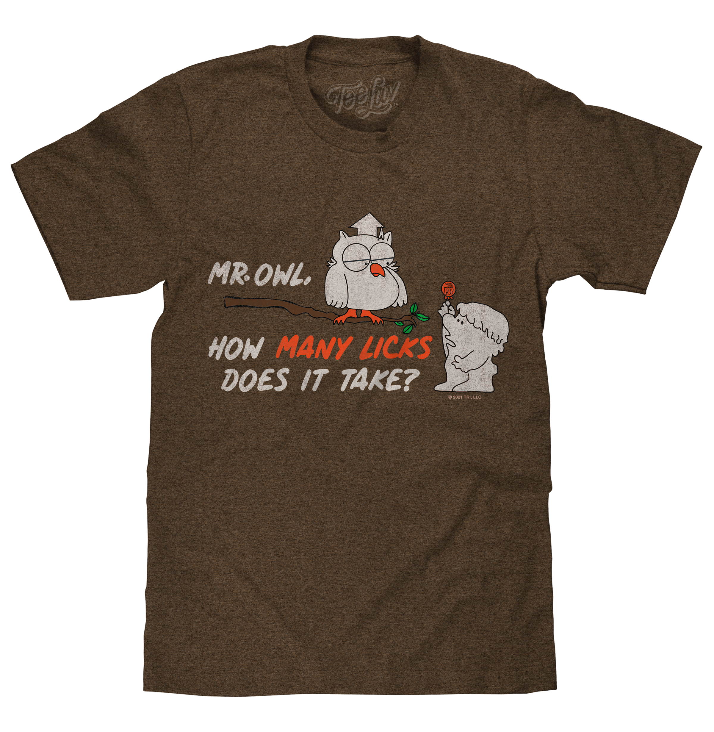 Mr Owl How Many Licks Tootsie Roll T-Shirt - Heather Brown