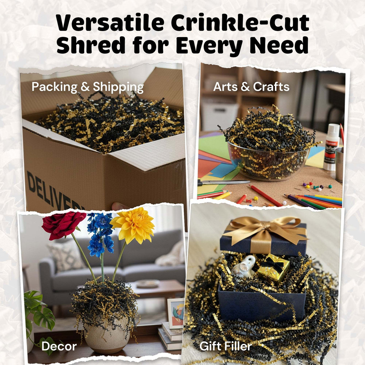 10lb Crinkle Paper Filler 10lb Black and Gold Metallic