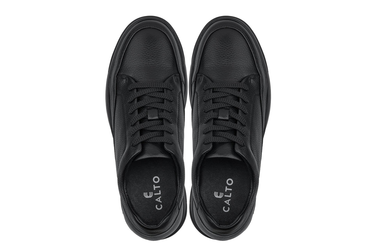 CALTO - Y7111 - 2.6 Inches Taller (Black) - Elevated Pebble Grain Leather Sneakers