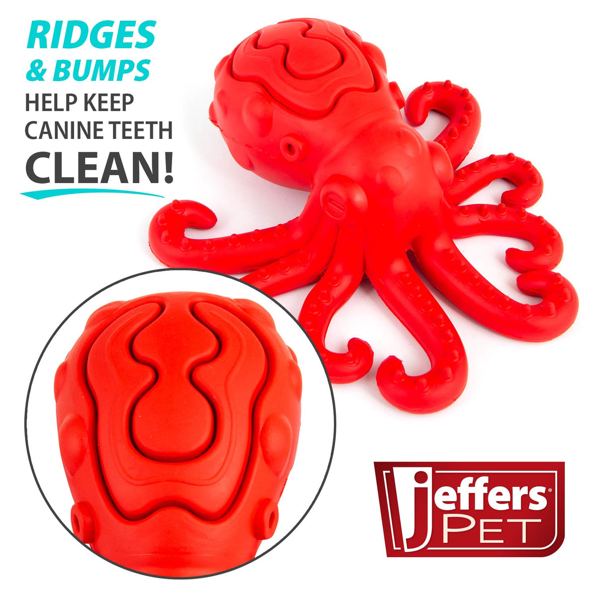 Jeffers Red Octopus Natural Rubber Treat Dispensing Dental Dog Chew Toy